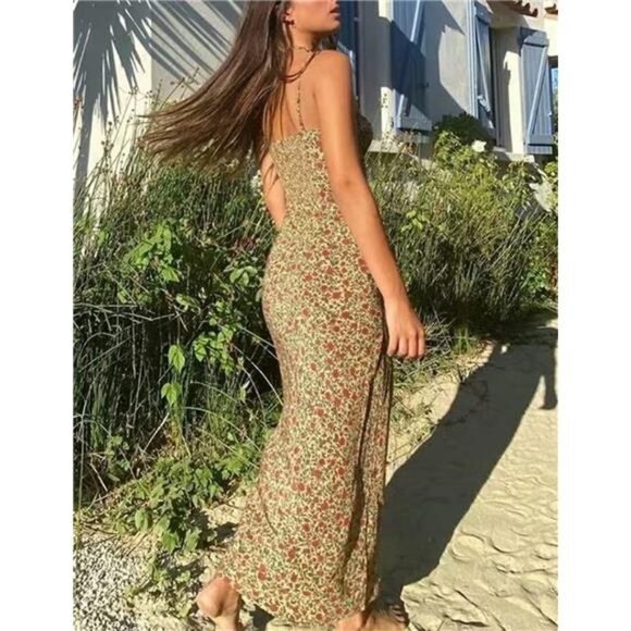 Women's Floral Dress Low-Cut Square Neck Spaghetti Strap Tie Bodycorn Dresses - Picture 6 of 8